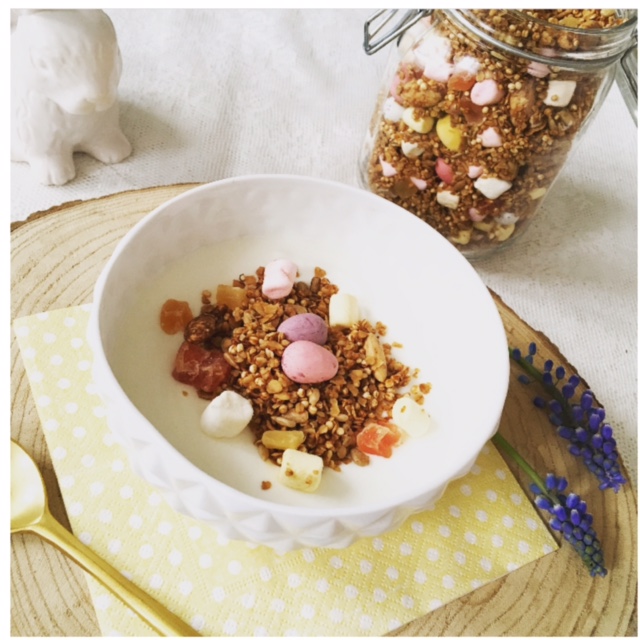 Easter granola with fluffy bunny tails