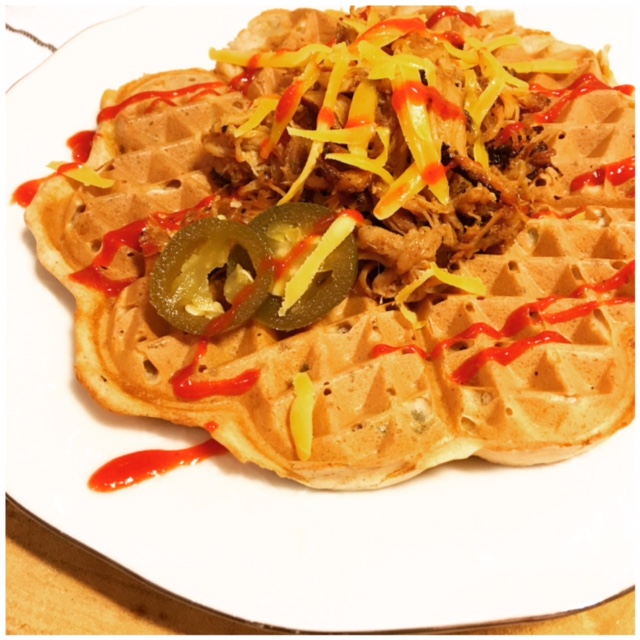 Spicy cheddar waffles with bbq pulled pork