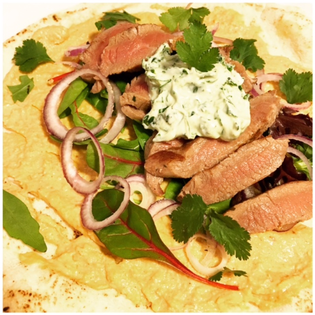 Lamb flatbread with coriander sauce