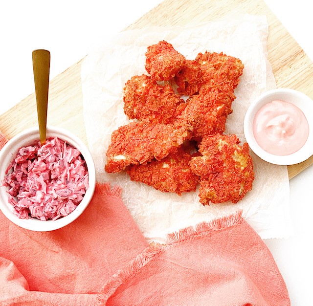 PFC (Pink Fried Chicken) with pink coleslaw