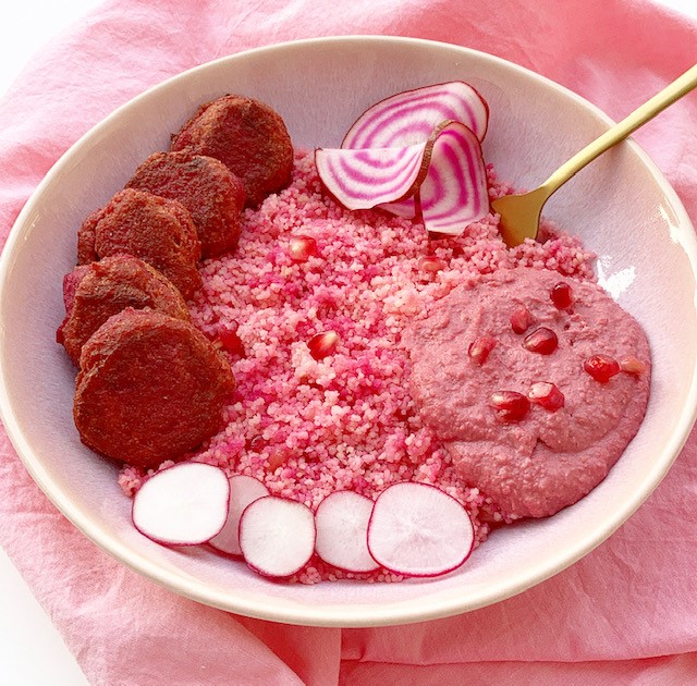 Pink Falafel with couscous and Pink Spicy Hummus