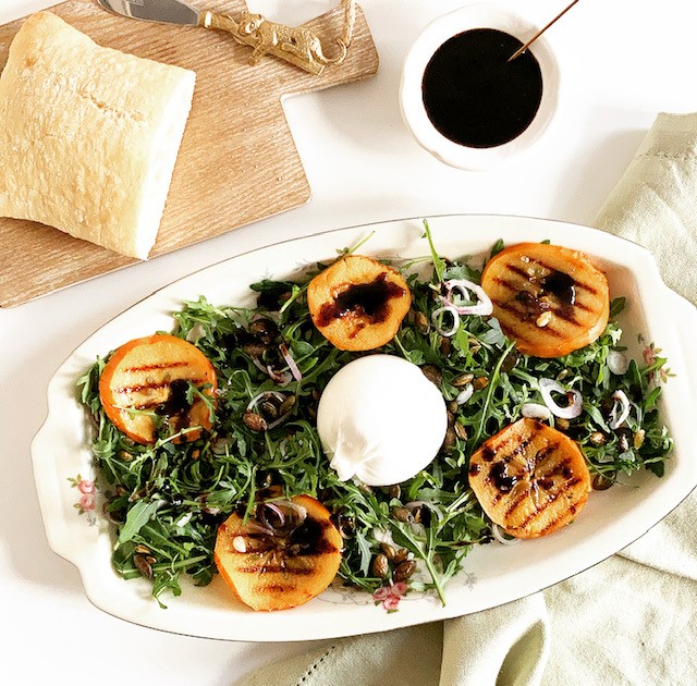 Grilled Kaki Fruit & Burrata Salad with Balsamic Glaze