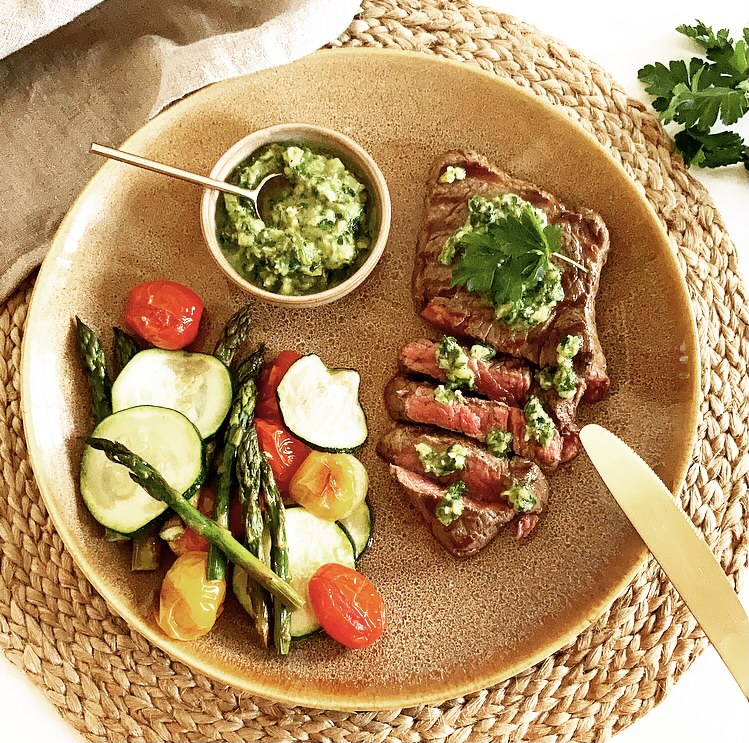 Steak with Chimichurri and roasted veggies