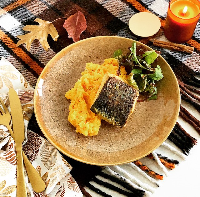 Maple Mustard Salmon with pumpkin mash